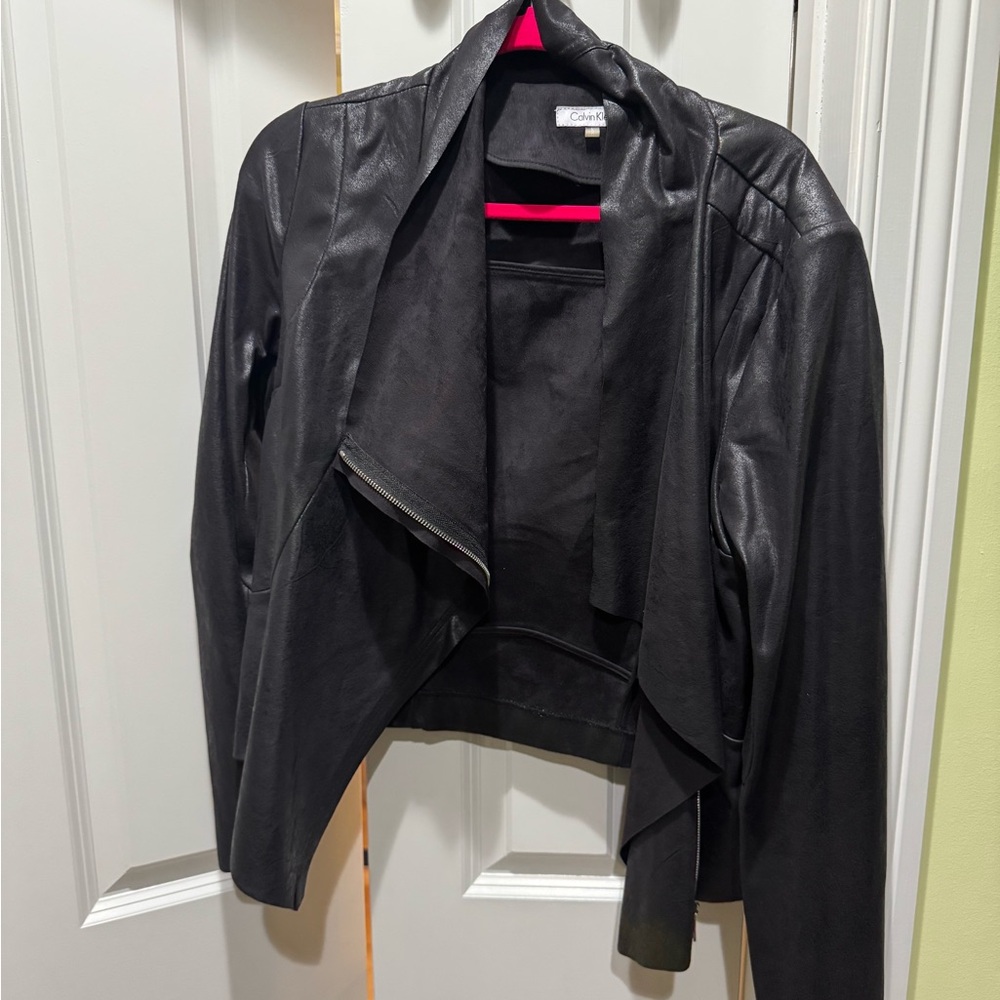 Calvin Klein Black Draped Leather Moto Jacket